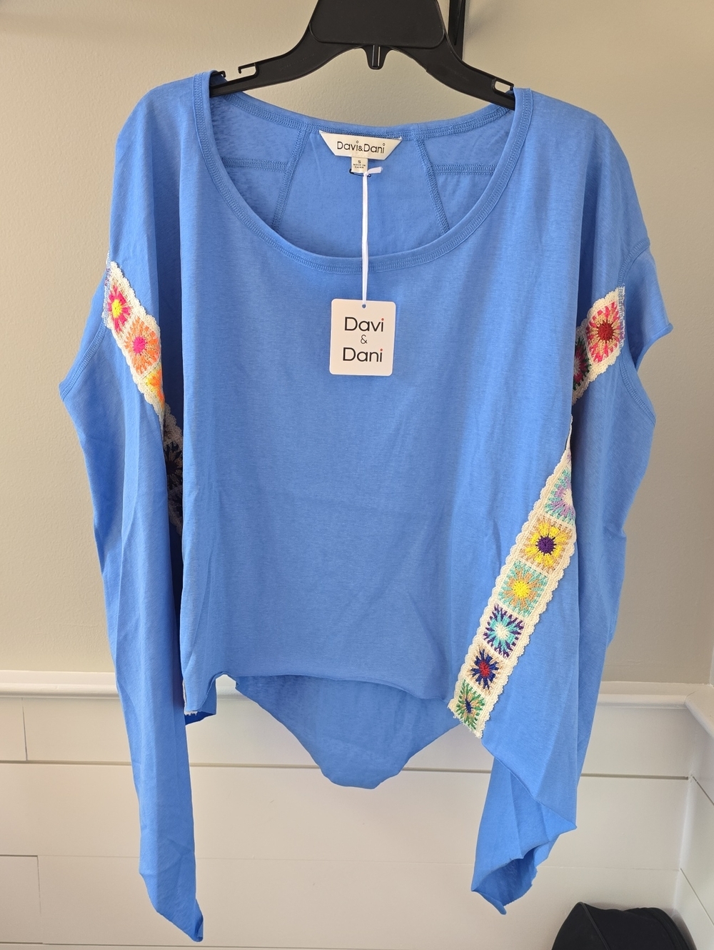 DAVI & DANI Light Blue Scoop Neck Top with Multicolor Crochet Trim